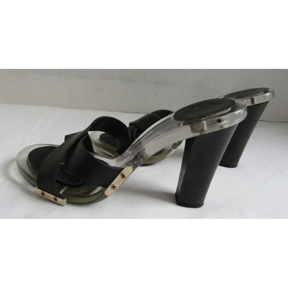 Michael Kors Black Leather Lucite Heels Chic Y2K Slide Sandals 6.5